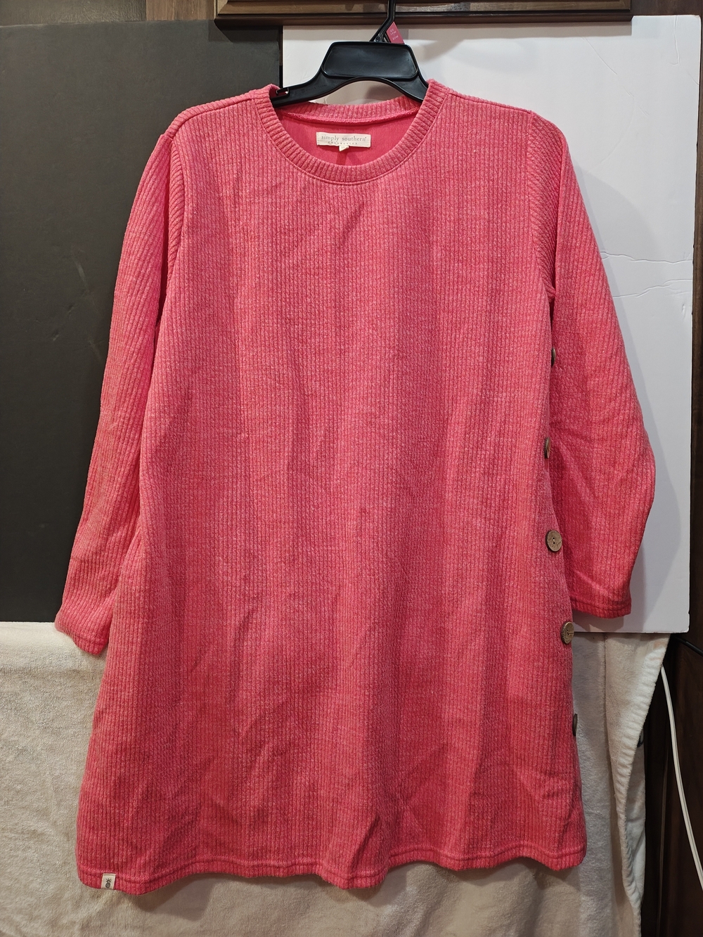 Simply Southern Bright Pink Corded Knit Long Sleeve Dress with Side Buttons